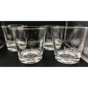 Four Roses Bourbon Whiskey Etched Glasses Set of 4 Embossed Rose Bottom 6oz